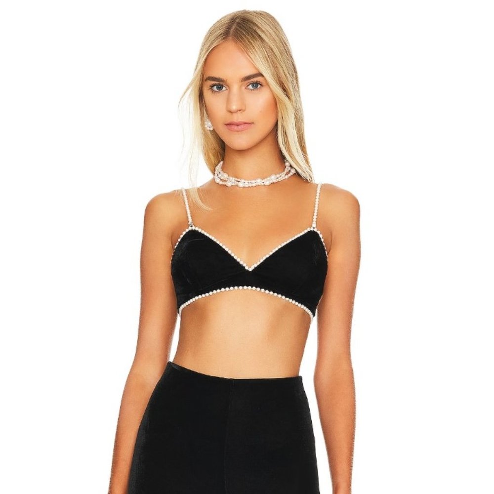 Revolve Majorelle Amore Velvet Bra Top with Faux Pearls Black XS